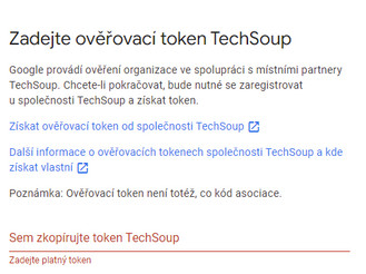 Ukázka: Registrace do programu Google pro neziskové organizace - zadání ověřovacího kódu z Techsoup